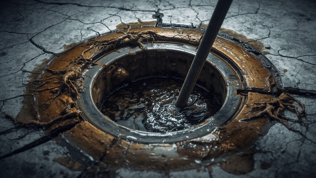 Clogged basement floor drain backing up with water pooling around drain cover in residential home foundation