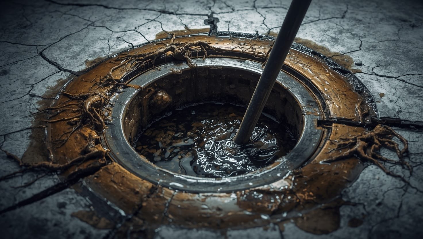 Clogged basement floor drain backing up with water pooling around drain cover in residential home foundation