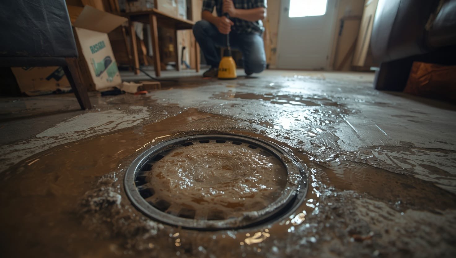 Clogged basement floor drain with water backing up onto concrete floor causing potential flooding and home damage