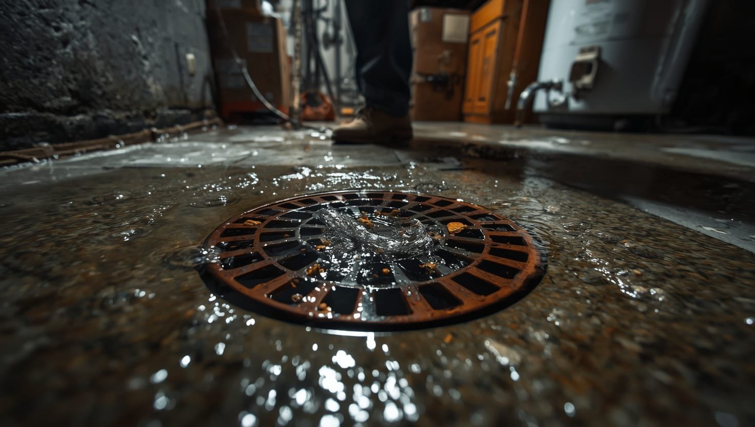 Clogged basement floor drain with dirty water backing up onto concrete floor showing early signs of sewage backup