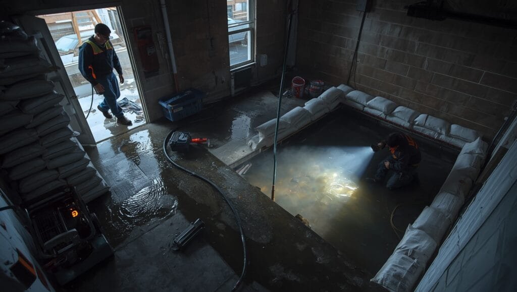 how to stop a cellar flooding: Homeowner using sandbags and water pump to stop a cellar flooding with quick emergency flood prevention methods