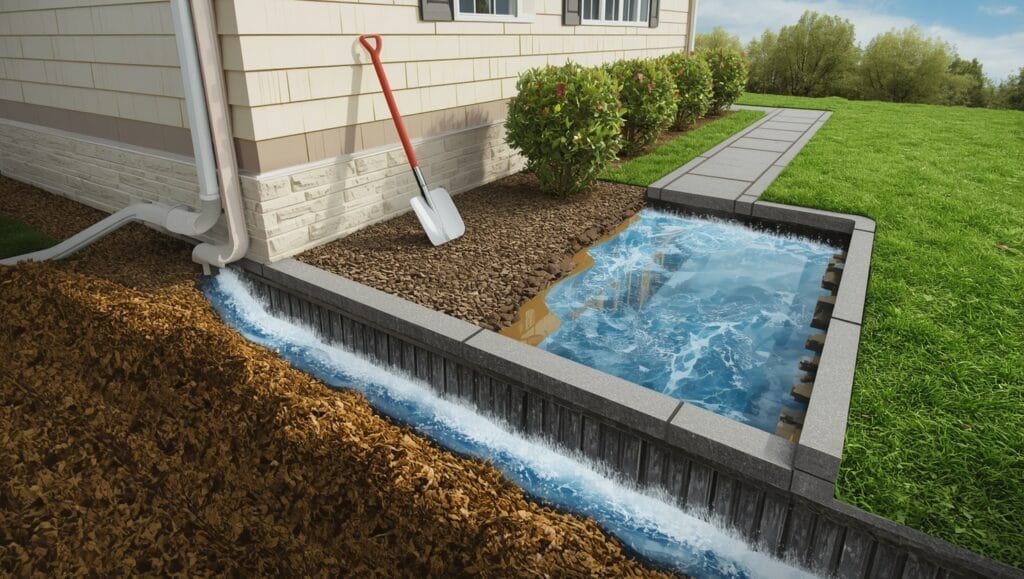 Landscaping around house to prevent water damage with proper grading, gutters, and drainage solutions protecting home foundation