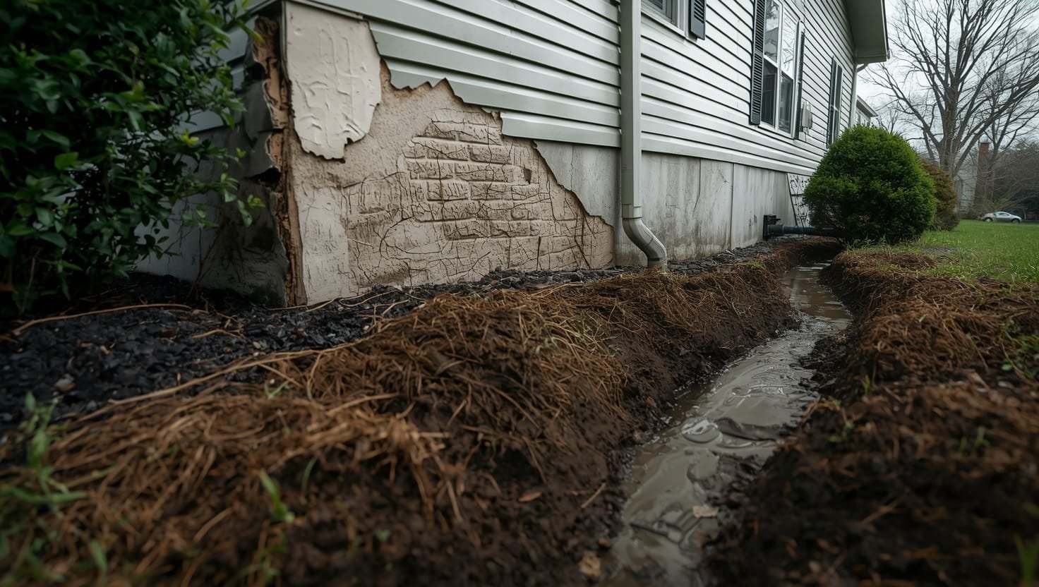 landscaping around house to prevent water damage. Water pooling near house foundation due to poor landscaping drainage showing soil erosion and grading problems homeowners face
