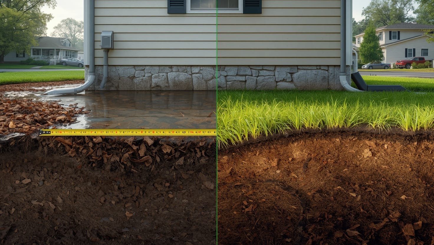 landscaping around house to prevent water damage. Proper yard grading and landscaping around house foundation to prevent water damage, showing slope directing rainwater away from home