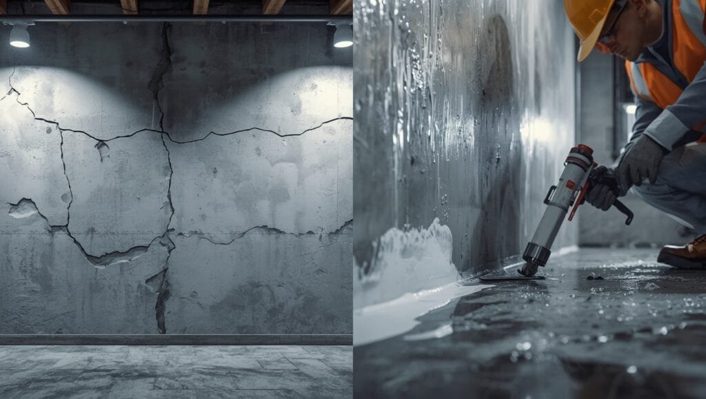 fixing basement walls: Professional contractor repairing and fixing basement walls with waterproof sealant to prevent water damage and foundation cracks