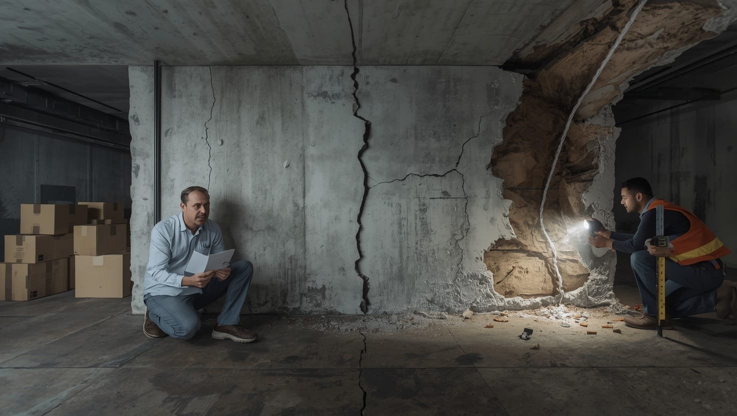 fixing basement walls: Cracked basement wall with hidden water damage and structural failure requiring expensive professional repair and waterproofing