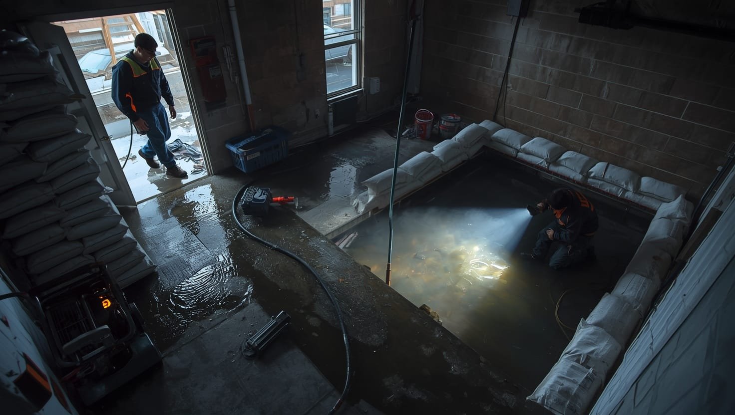 how to stop a cellar flooding: Homeowner using sandbags and water pump to stop a cellar flooding with quick emergency flood prevention methods