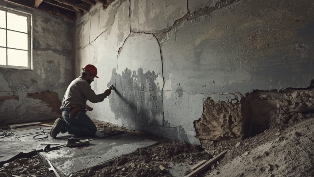 Old home foundation repair work showing cracked basement wall being fixed by professional contractor with tools