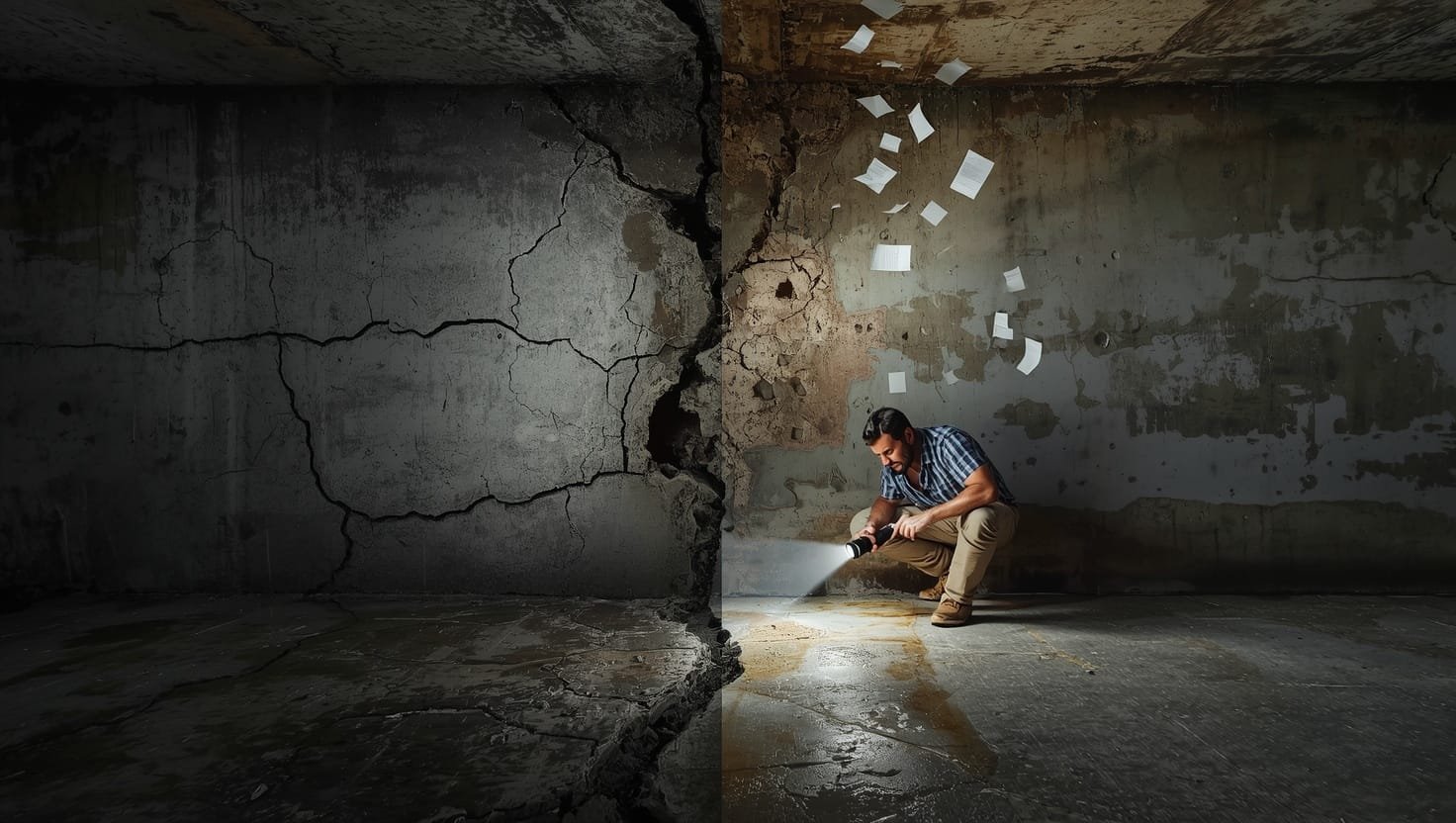Old cracked concrete home foundation showing aging damage and deterioration needing professional structural repair services
