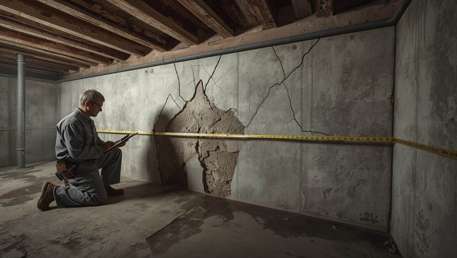 Old home foundation repair work showing cracked concrete basement wall with measurement tools and contractor inspecting damage