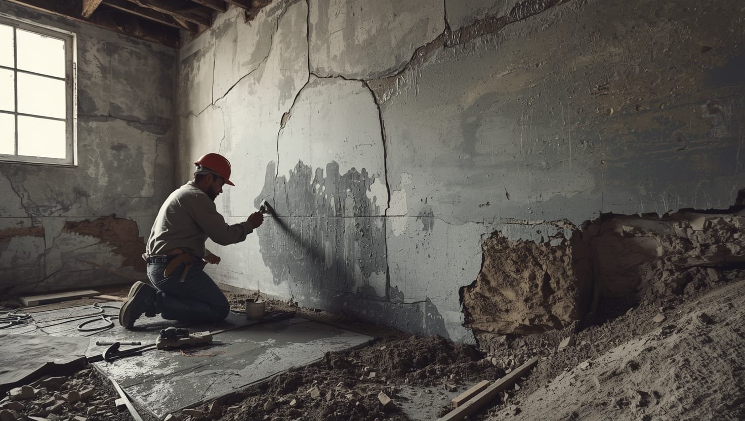 Old home foundation repair work showing cracked basement wall being fixed by professional contractor with tools